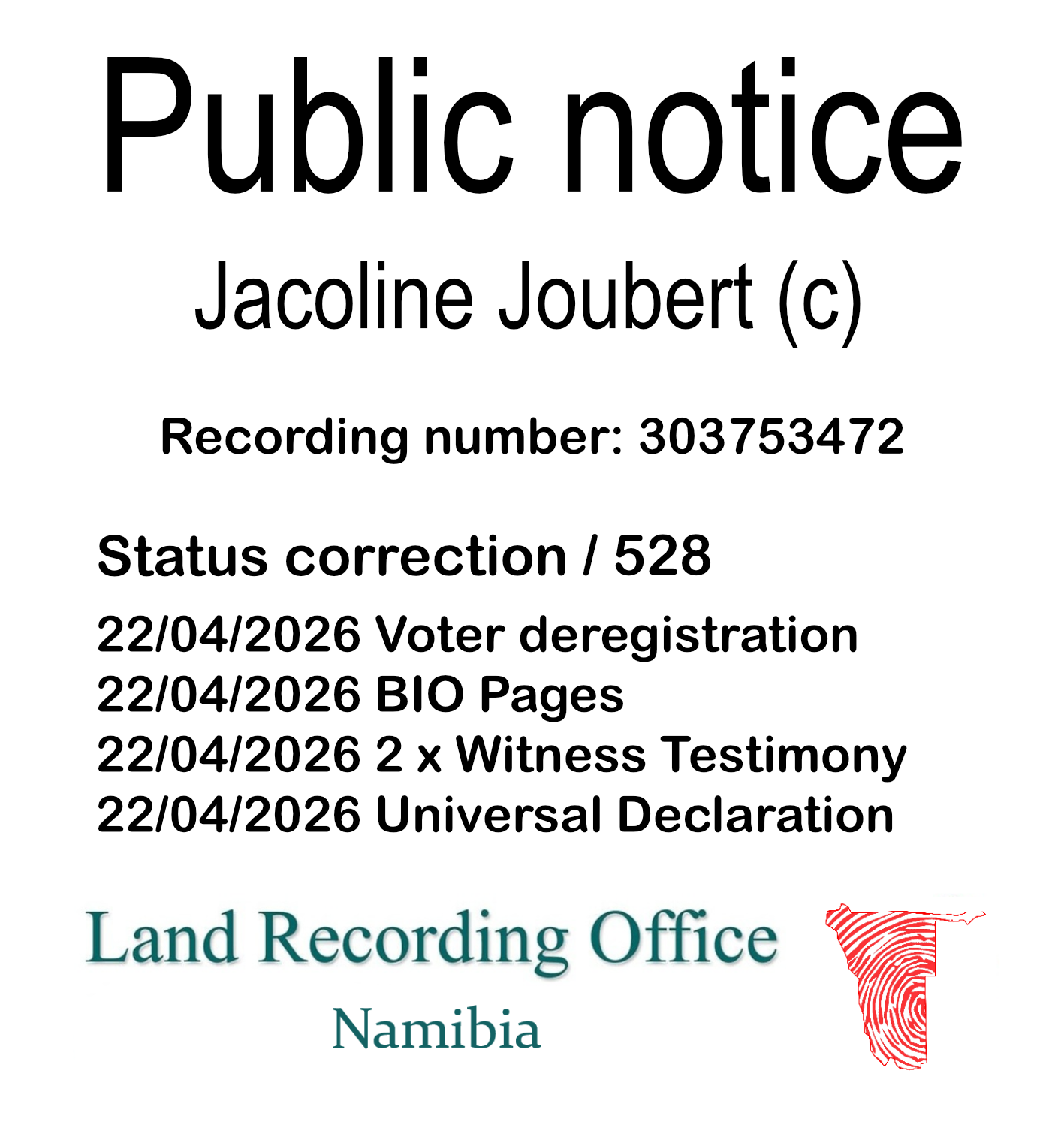 Public notice Jacoline Joubert (c) Recording number 303753472